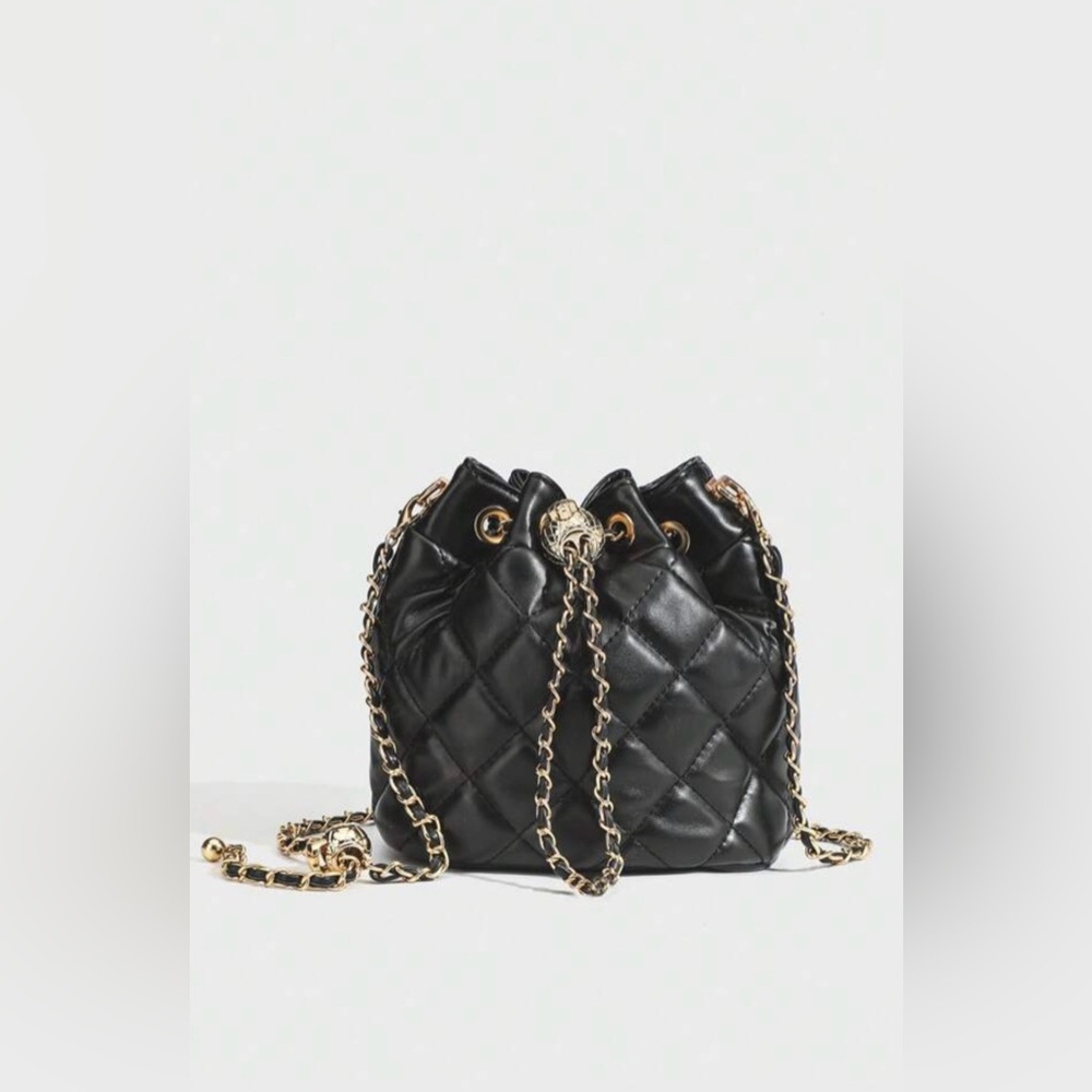 Black Quilted Leatherette Bucket Bag Gold Chain Crossbody Shoulder Purse